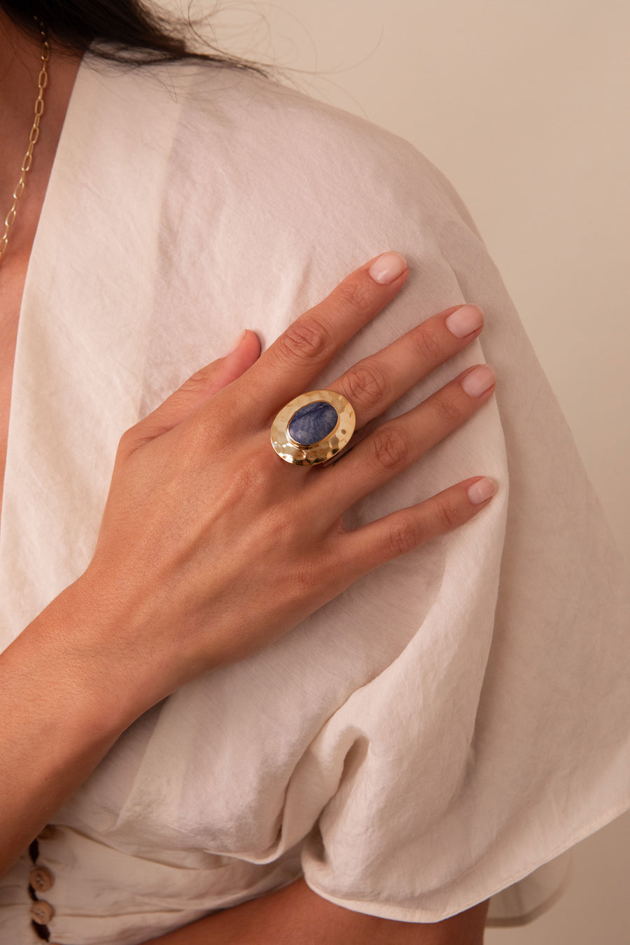 Large Wavy Oval Dumortierite Ring - Gold