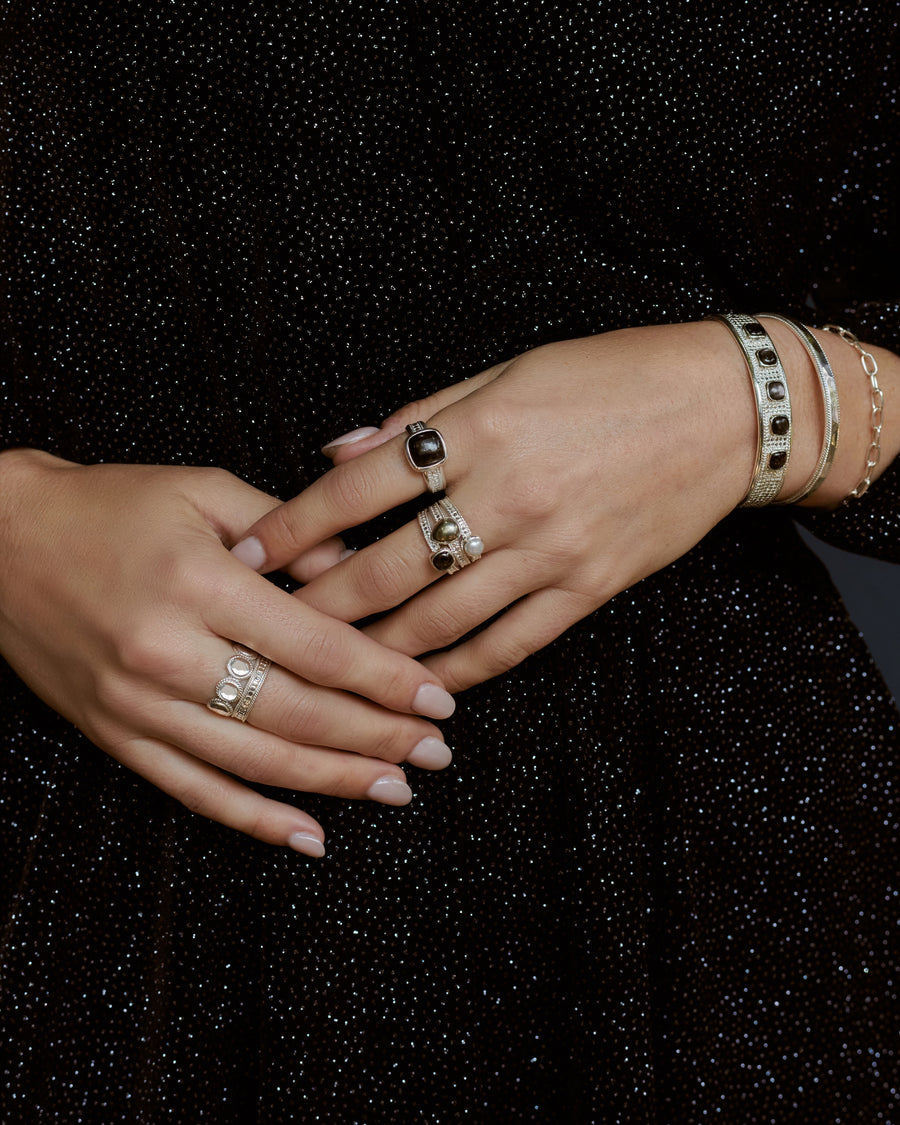 Hypersthene, Pyrite, and Pearl Faux Stacking Ring - Silver