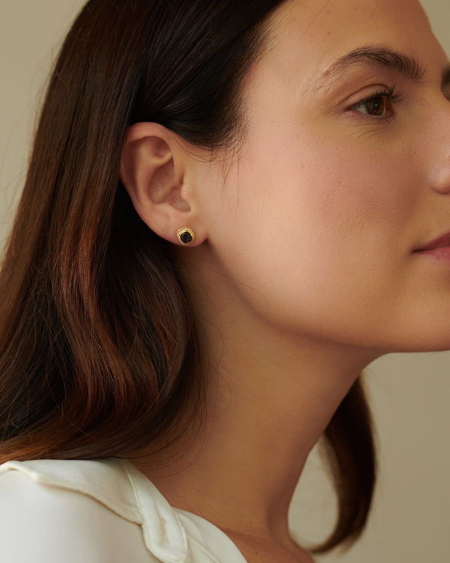 Hypersthene Cushion Stud Earrings - Gold