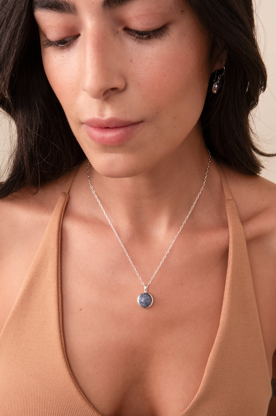 Dumortierite Round Pendant Necklace - Silver