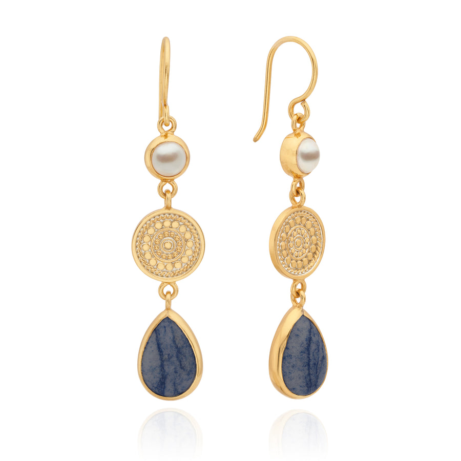 Dumortierite and Pearl Triple Drop Earrings