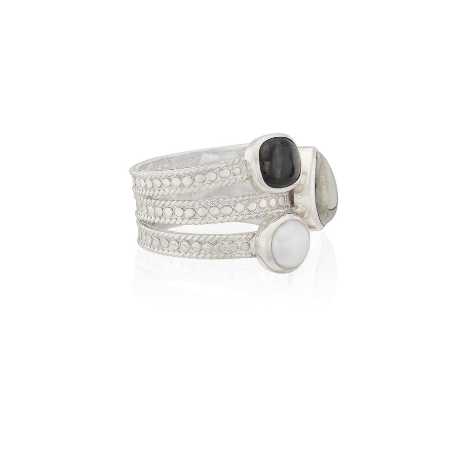 Hypersthene, Pyrite, and Pearl Faux Stacking Ring - Silver