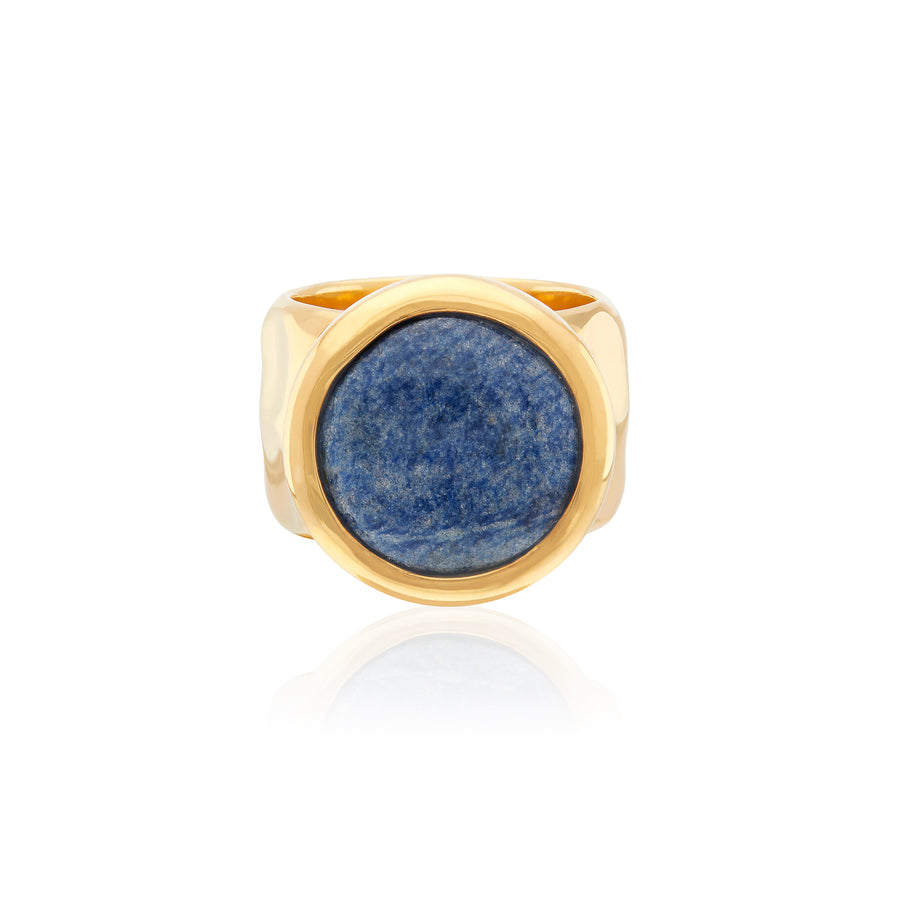 Large Wavy Dumortierite Signet Ring - Gold