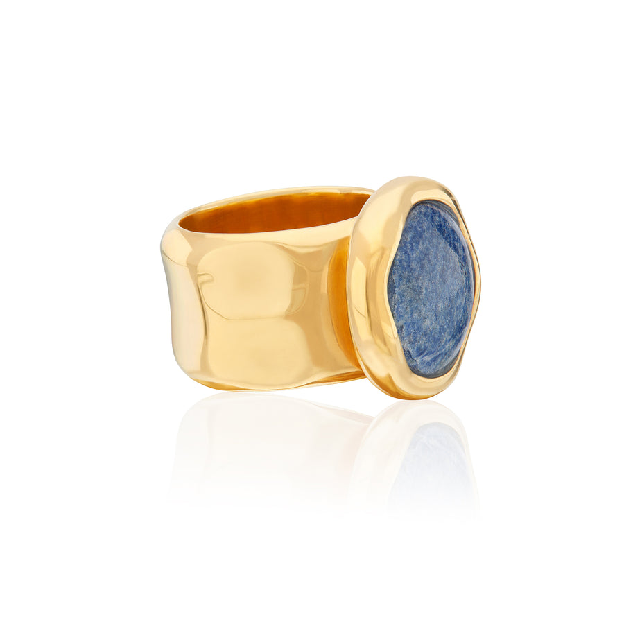 Large Wavy Dumortierite Signet Ring - Gold