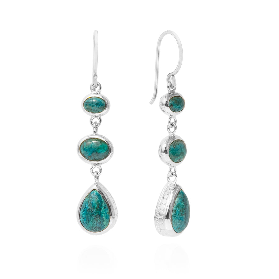 Malachite Chrysocolla Triple Drop Earrings - Silver