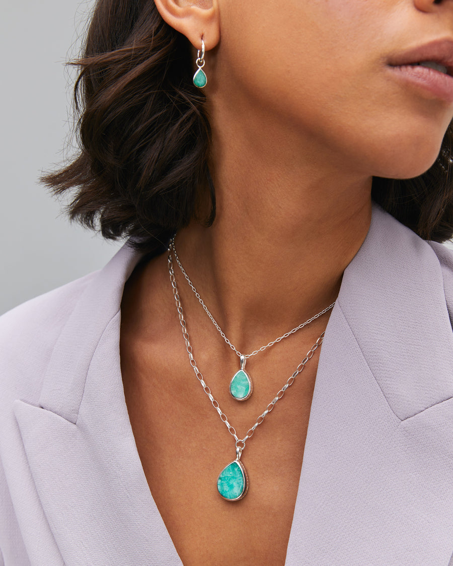 Medium Amazonite Drop Pendant Necklace - Silver