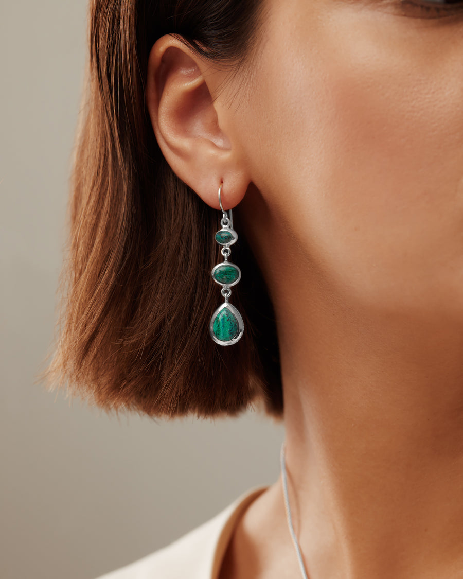 Malachite Chrysocolla Triple Drop Earrings - Silver